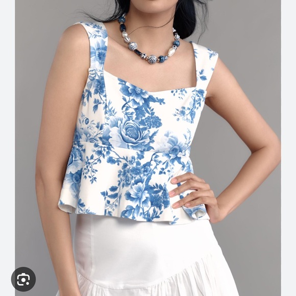 Maeve Tops - Anthropologie Maeve Blue White Peplum Crop Tank Top New Current Catalog Piece